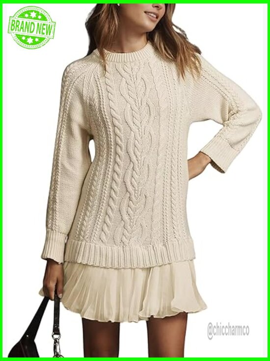 Dresses & Skirts - Women Cable Knit Sweater Dress Crewneck Long Sleeve Pleated Mini Twofer Style